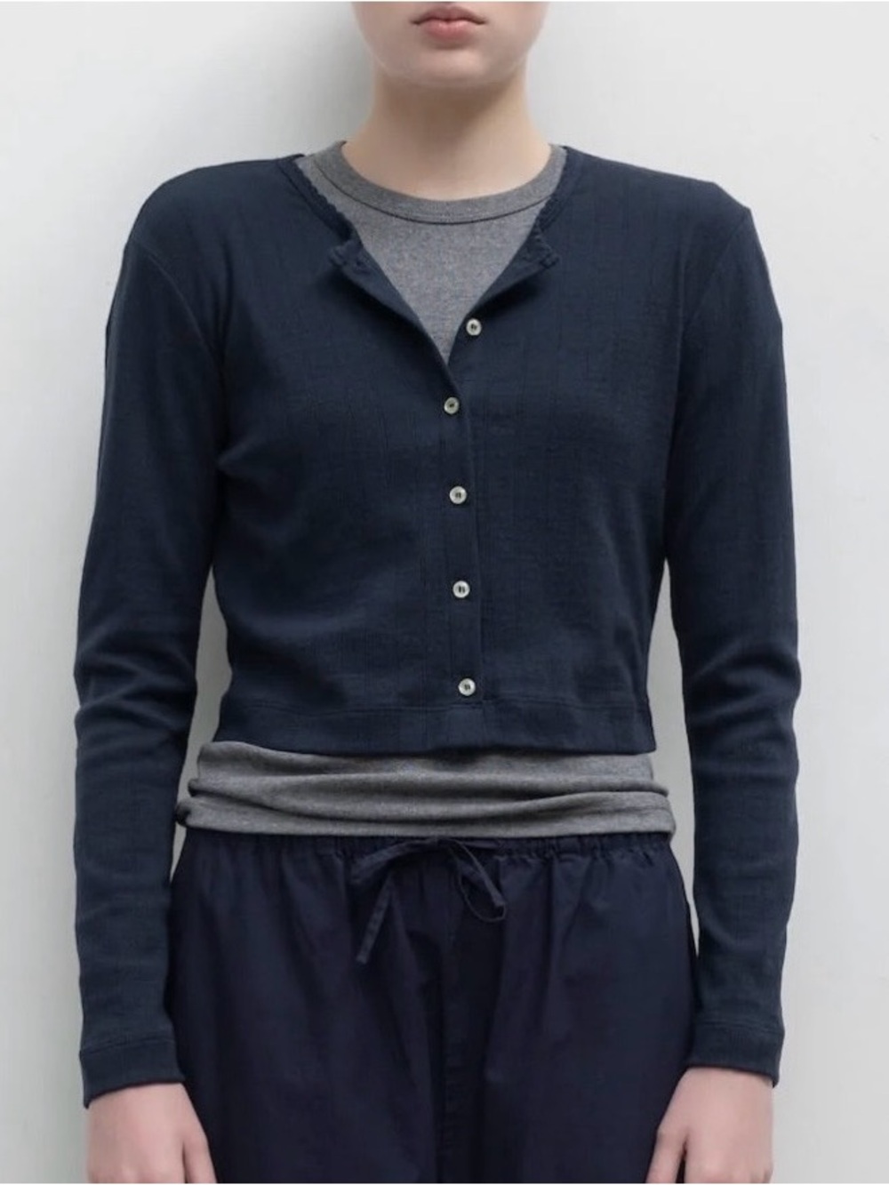 Leset Navy Pointelle Cropped Cardigan Sweater